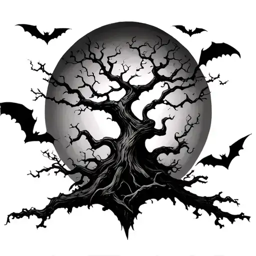 Poison tree and bats flying across tattoo design idea