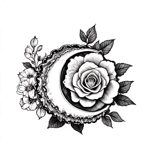 oyster shell with crescent moon and gardenias or roses tattoo design idea