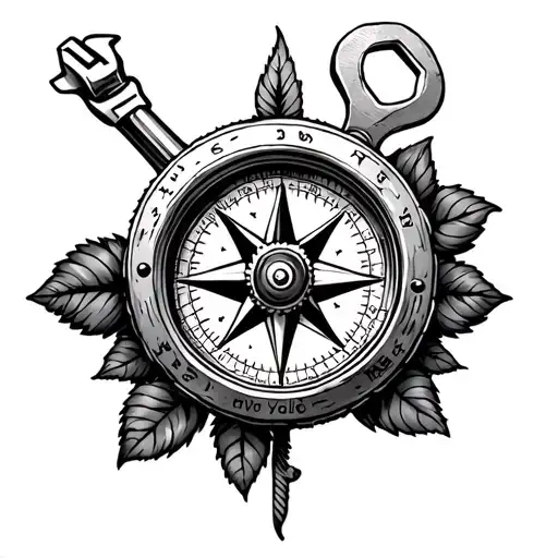 rose and spanner and piston adventure compass tattoo design idea