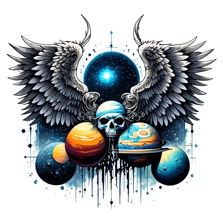 wings Technology With planets with space and cosmic dust and galexy  tattoo design idea