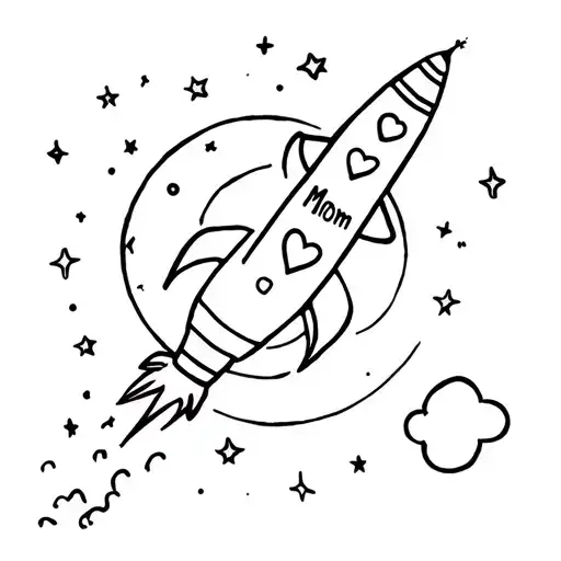 A moon with a rocket shit going up to the moon and back with a heart on the rocket ship with the word "Mom" somewhere tattoo design idea