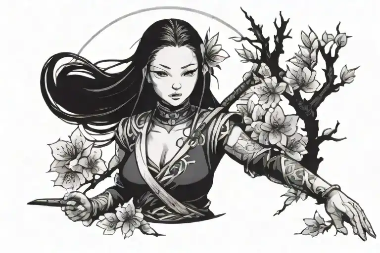 nezuko from demonslayer,with a moon in the background and a cherry blossom tree  while emitting some of her flames tattoo design idea
