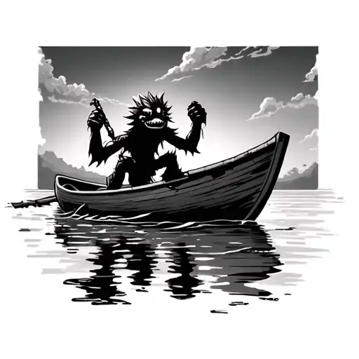small shadow like creature on a broken row boat holding onto a top that goes into the water. the sky is dark with clouds tattoo design idea