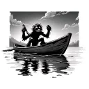 small shadow like creature on a broken row boat holding onto a top that goes into the water. the sky is dark with clouds tattoo design idea