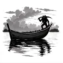 small shadow like creature on a broken row boat holding onto a top that goes into the water. the sky is dark with clouds tattoo design idea