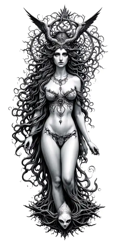 hecate goddess, Medusa surrounded,  lilith, raven, tree of life tattoo design idea