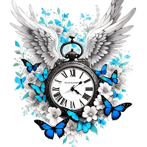 clock with Roman numerals angel wings coming from behind the clock with flowers all around and blue butterflies half arm tattoo design idea