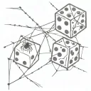 two dice, one of which has a spider on a web descending down it tattoo design idea