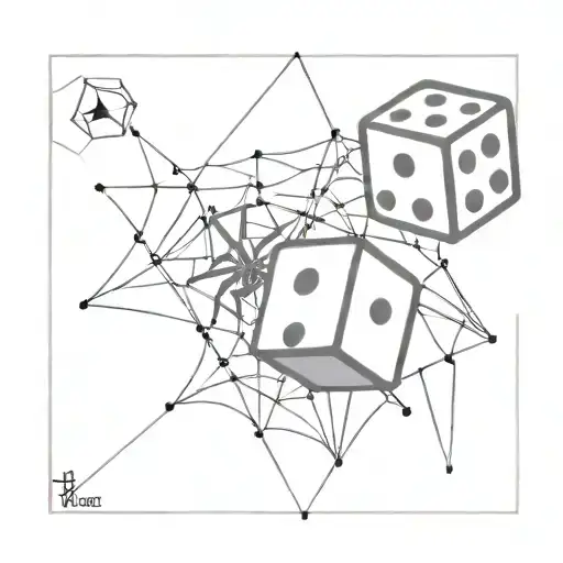 two dice, one of which has a spider on a web descending down it tattoo design idea