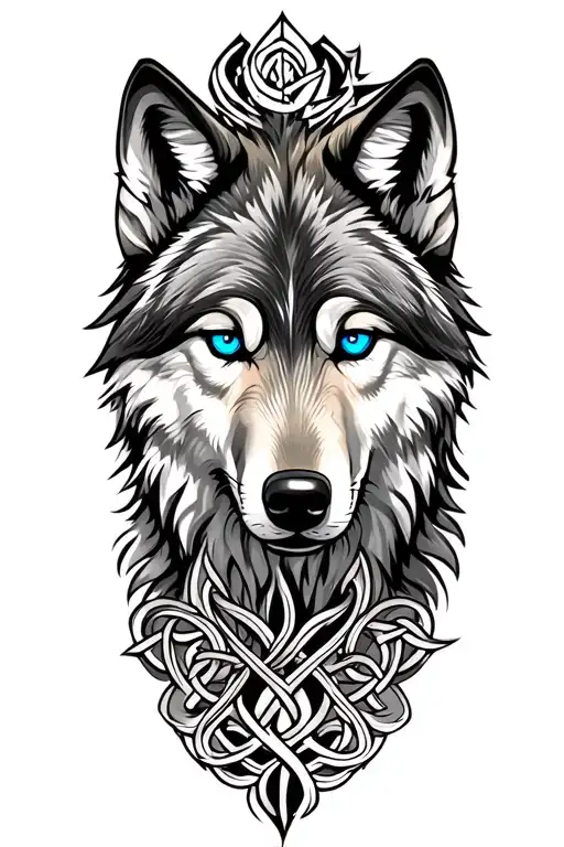 full body realistic wolf with blue eyes tattoo design featuring Celtic  tattoo design idea