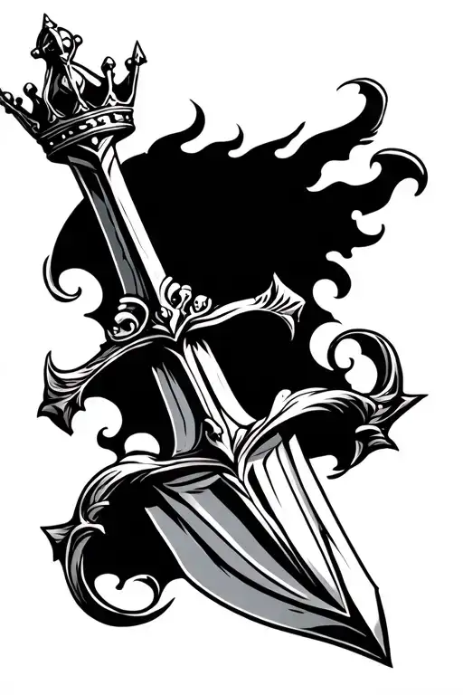 Fancy excalibur sword with king crown in the middle tattoo stencil tattoo design idea