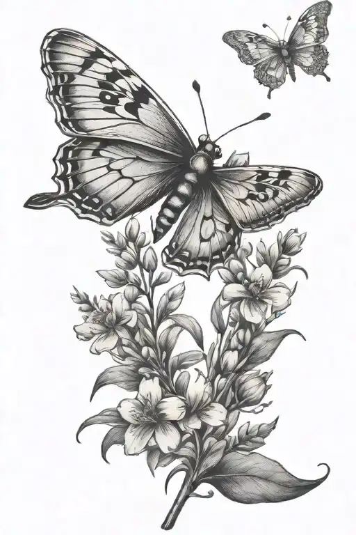 butterfly dragonfly laurel flower sprig of heather tattoo design idea
