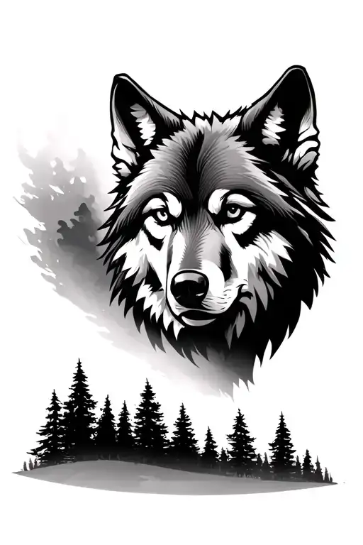 a wolf head where his fur fades into a pine tree landscape  tattoo design idea