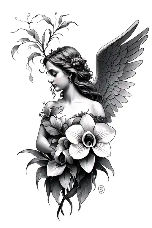 angel with cattleya flower tattoo design idea