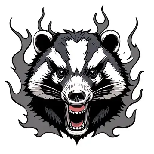 badger with flames and skulls representing dark periods tattoo design idea