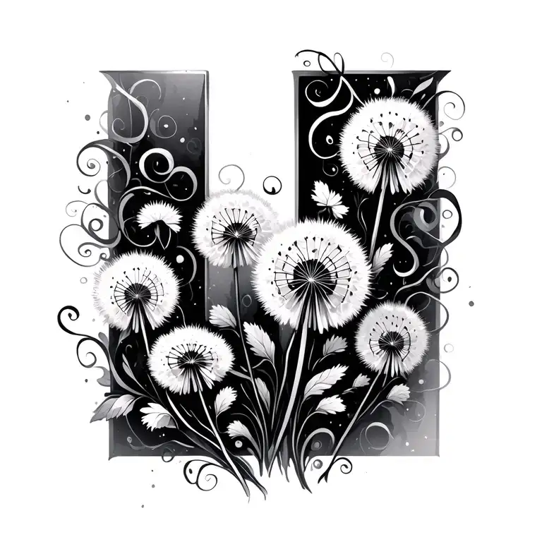 dandelions with flows swirly vines in L shape outline tattoo design idea