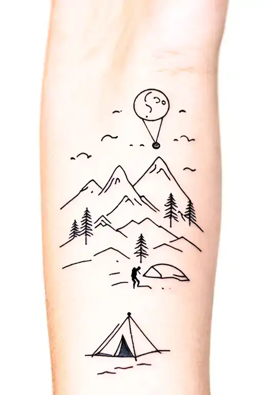 Minimal fine line forearm tattoo with moon, mountains, trees, tent, paraglider, and rock climber  tattoo design idea