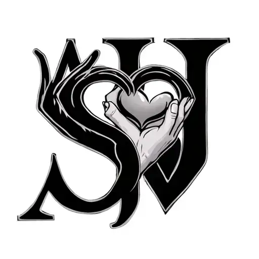 the letters A S J with heart hand sign intertwined tattoo design idea