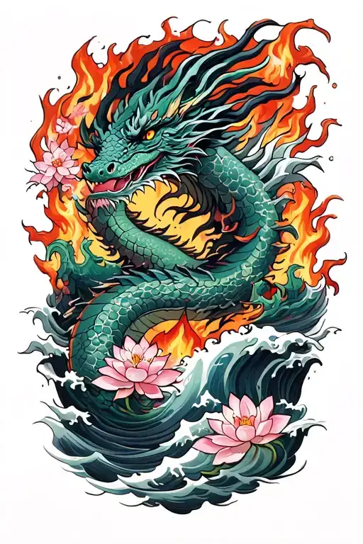 dragon around fire and waves flowing river running with sakura and lotus and lava into ocean on the background tattoo design idea