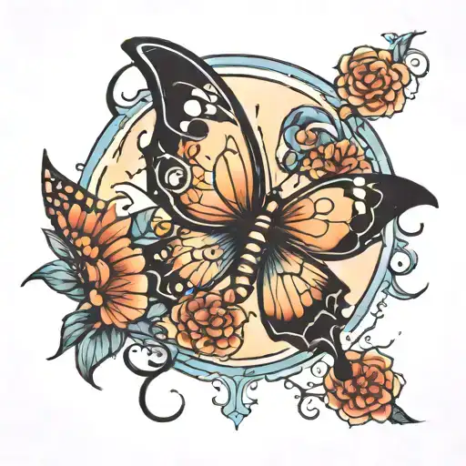 moon, butterfly and anime  tattoo design idea