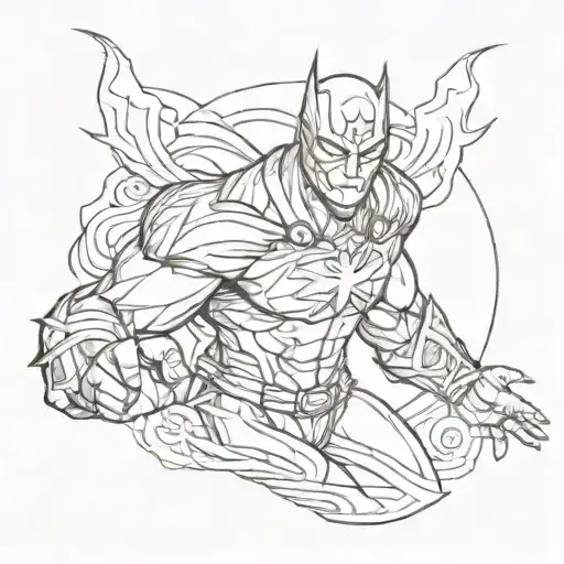 A sketch tattoo of a superhero with Mandarin symbols in the background, symbolizing your fascination with superpowers and the Chinese language tattoo design idea