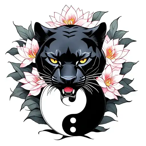 black panther with yen and yang and lotus flowers tattoo design idea