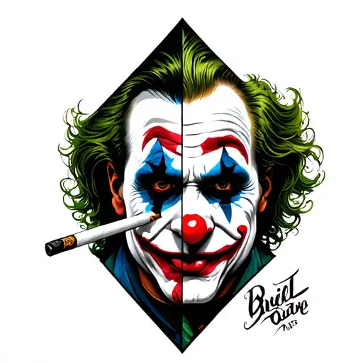 In a diamond half of the joker's face with a black and white cigarette and the other clown half in color tattoo design idea