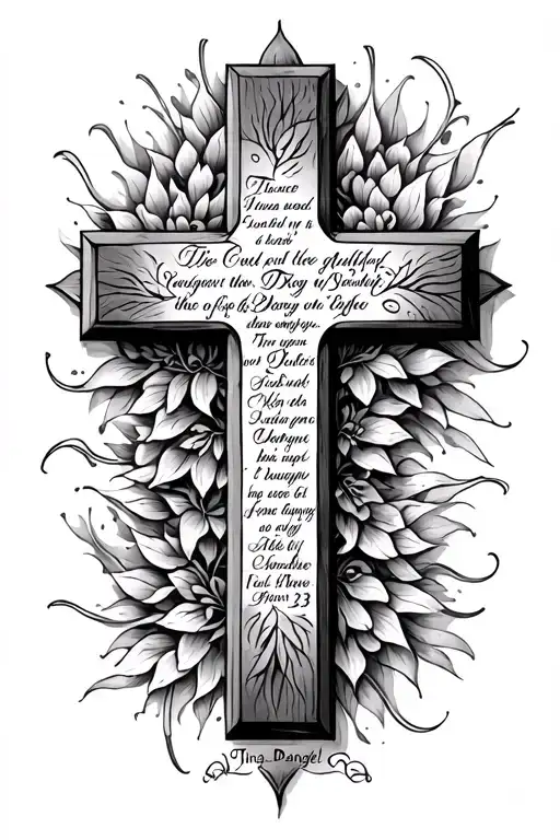 Cross made from The words Tina Dangel and Psalm 23 in cursive tattoo design idea