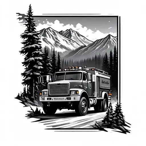 mountain road with landmarks of firetruck drums mixed tattoo design idea
