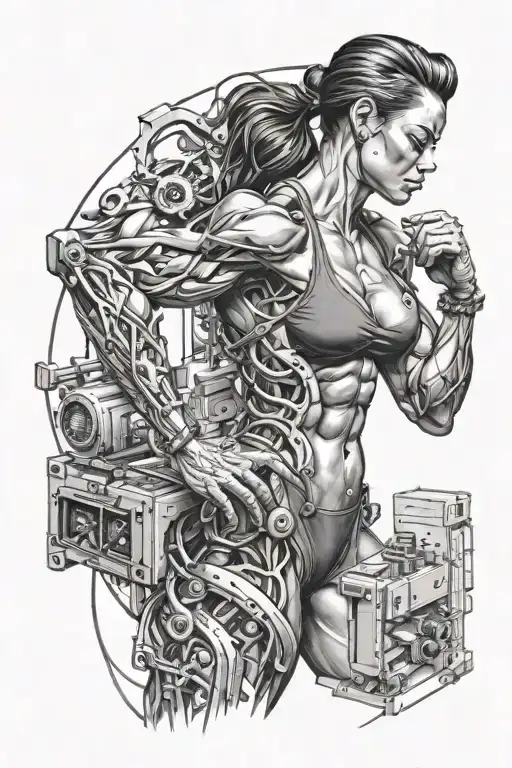 bodybuilding muscled women with technology merging tattoo design idea