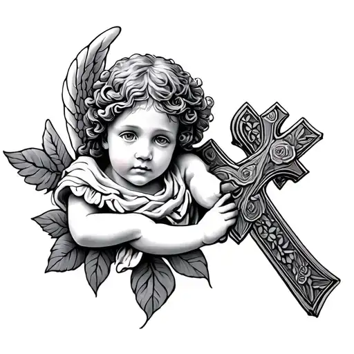 child angel rose intertwined with a cross tattoo design idea