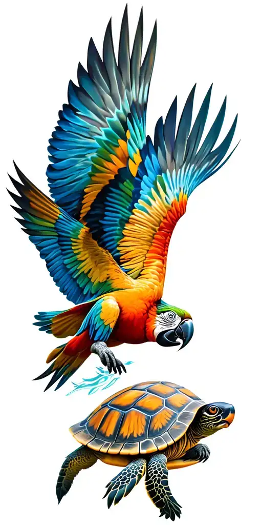 parrot flying, tiger head, turtle swimming tattoo design idea