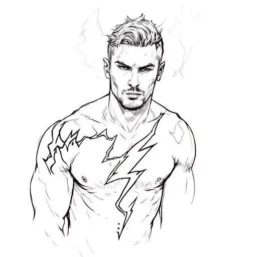a black and white tattoo of a man with a lightning bolt on his sleeve tattoo design idea