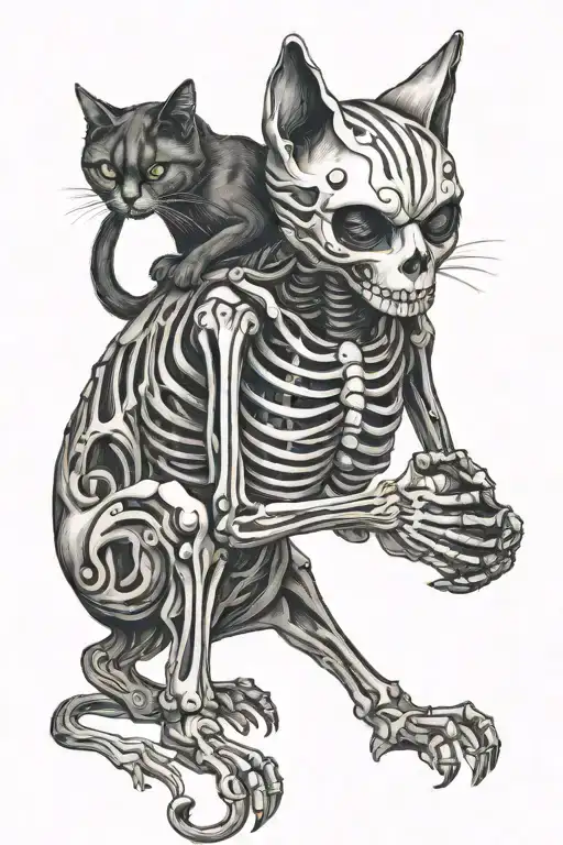 skeleton holding black cat tattoo design idea