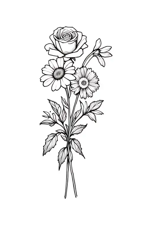 black bouquet of one rose one daisy one violet and two narcissus hold by a plaster  tattoo design idea