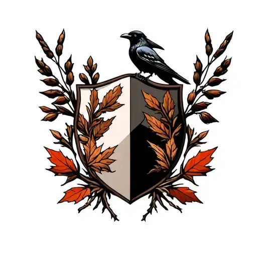 gothic coats of arms shield with a crow perched on top, winds spread, and a bouquet of cattail, fall leaves and branches tattoo design idea