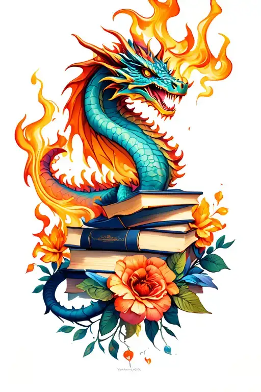fire breathing dragon with books and flowers by florals tattoo design idea