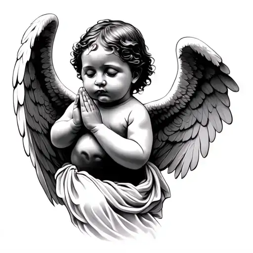 side view of an angel baby looking up praying hands tattoo design idea