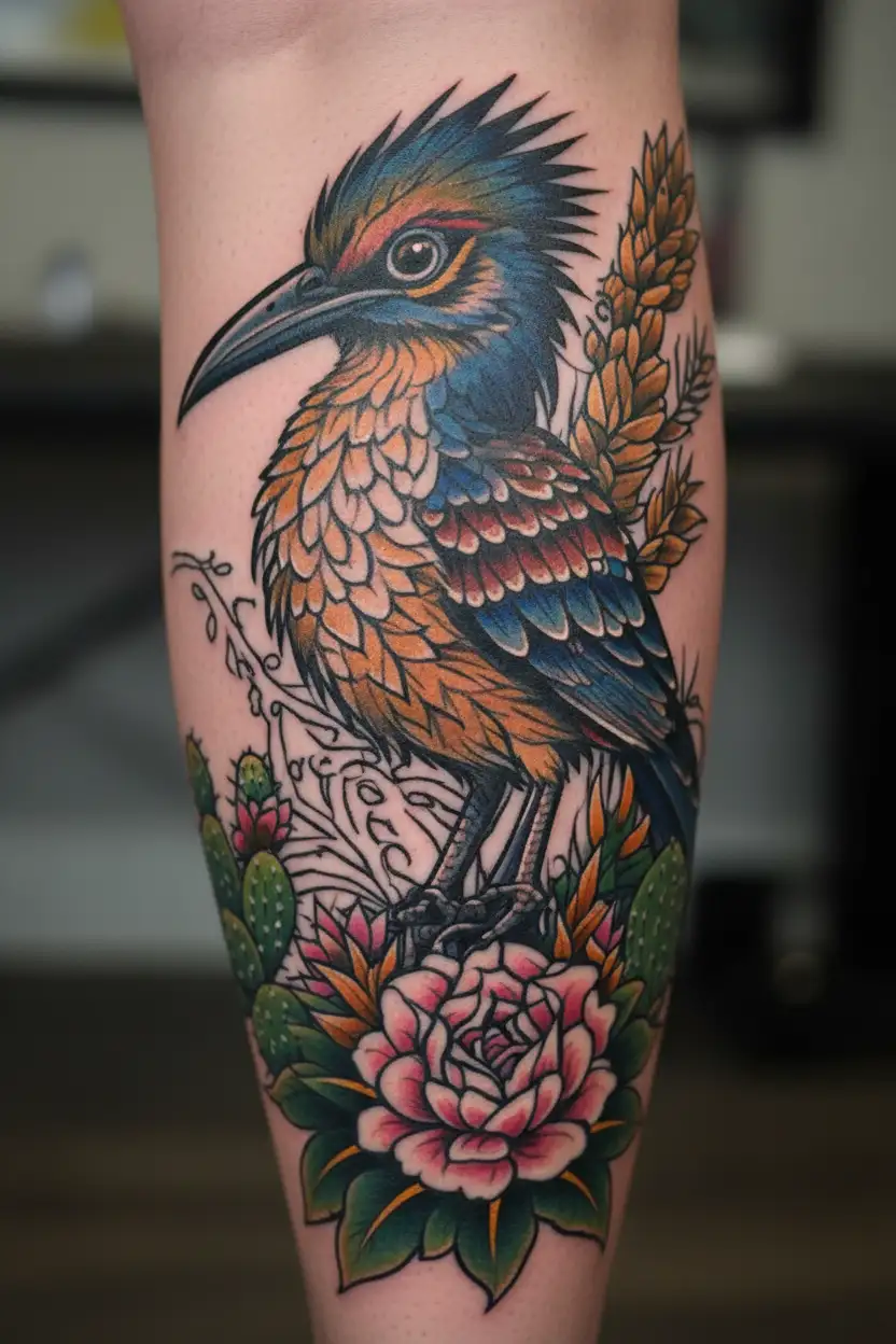 roadrunner on a cactus  tattoo design idea