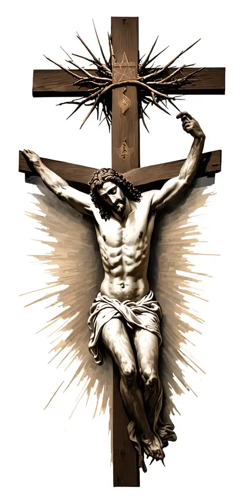 Create an image for a tattoo of:Jesus Christ nailed to the cross, with a thorn crown, light rays beaming from Him tattoo design idea