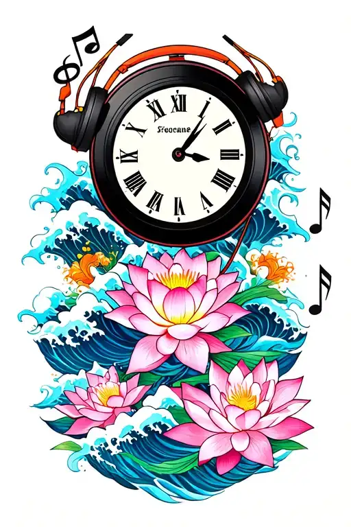 Japanese forearm sleeve, lotus flowers, waves, vibrant color, vinyl, headphones, clock 2:12AM, music notes, reggaeton tattoo design idea