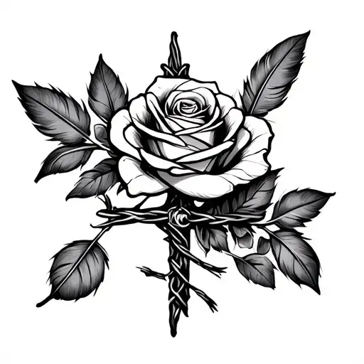 western cross,barb wire wrapped evenly, little rose and rose petals, with a feather tattoo design idea