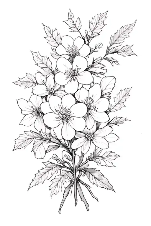 cherry blossom, larkspur, holly, and honeysuckle in a boquet tattoo design idea