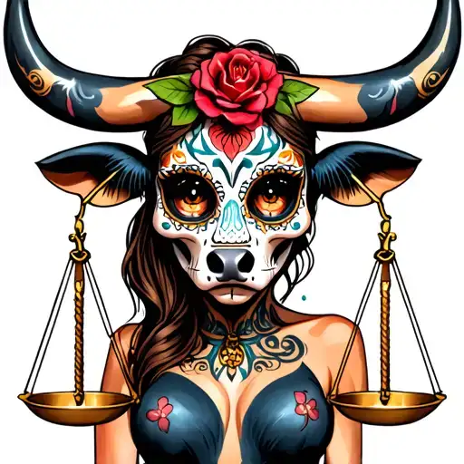 woman body bull with sugar skull markings, brown eyes, brown hair and two Libra scales with extra dark background tattoo design idea
