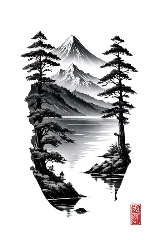 Japanese Mountains Lakes Nature Fall tattoo design idea