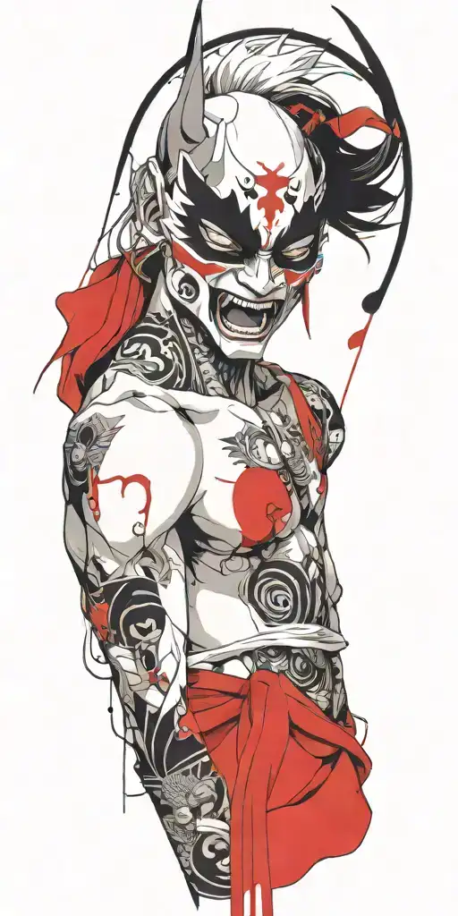 anime character wearing a oni mask fighting off inner demons tattoo design idea