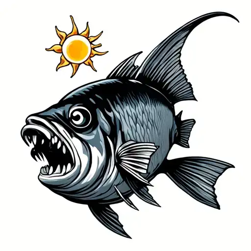 Sad brave Angler fish with its angler small sun shining tattoo design idea