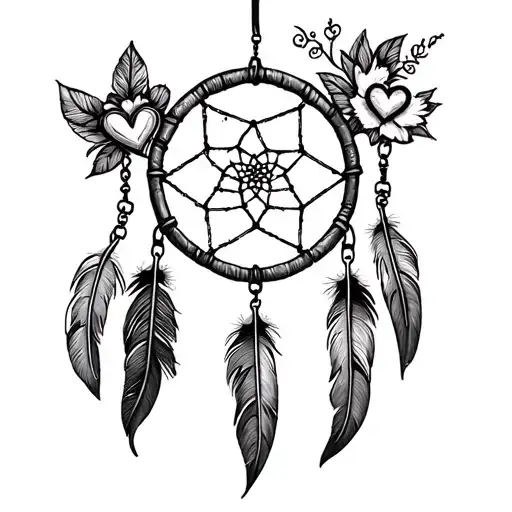 Dream catcher with 2 heart locks and 3 feathers tattoo design idea