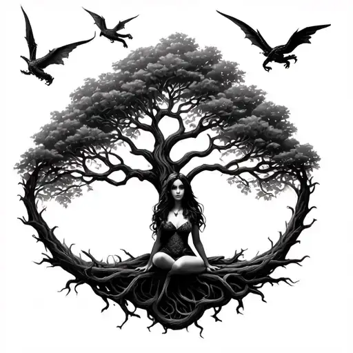 Tree of life with dragons flying from top branches and knoted roots. A dark fairy female sitting near base in a tattered tattoo design idea
