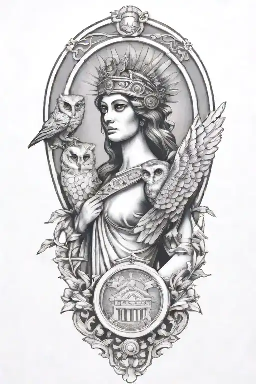 athena greek goddess with owl and parthenon tattoo design idea